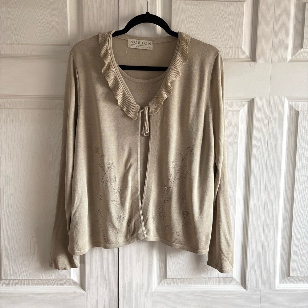 Norton McNaughton Silk Embroidered Sequin Ivory Sweater Cardigan L Whimsy Fairy
